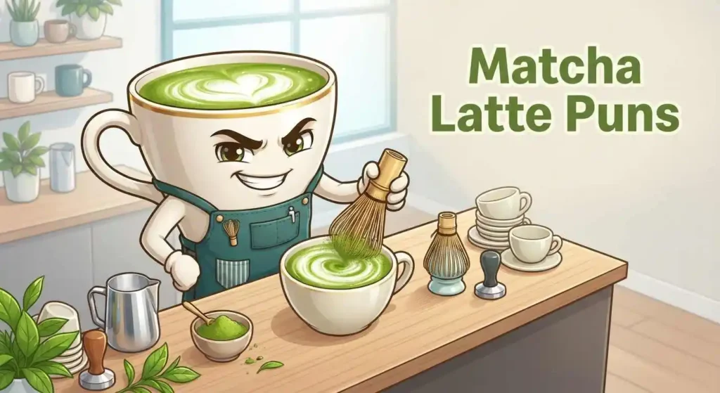 Matcha latte character in café