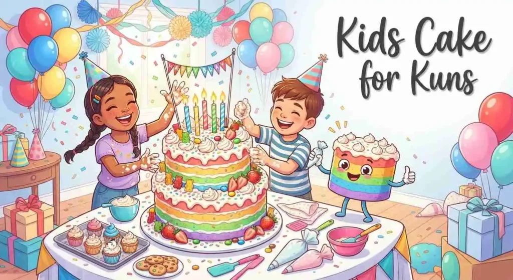 Kids decorating colorful birthday cake