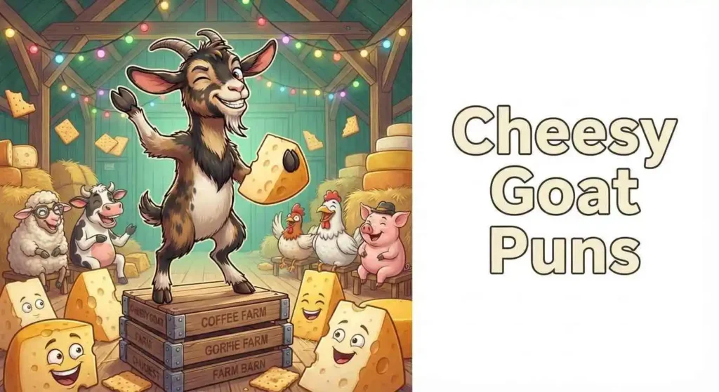 Playful goat enjoying cheesy wordplay
