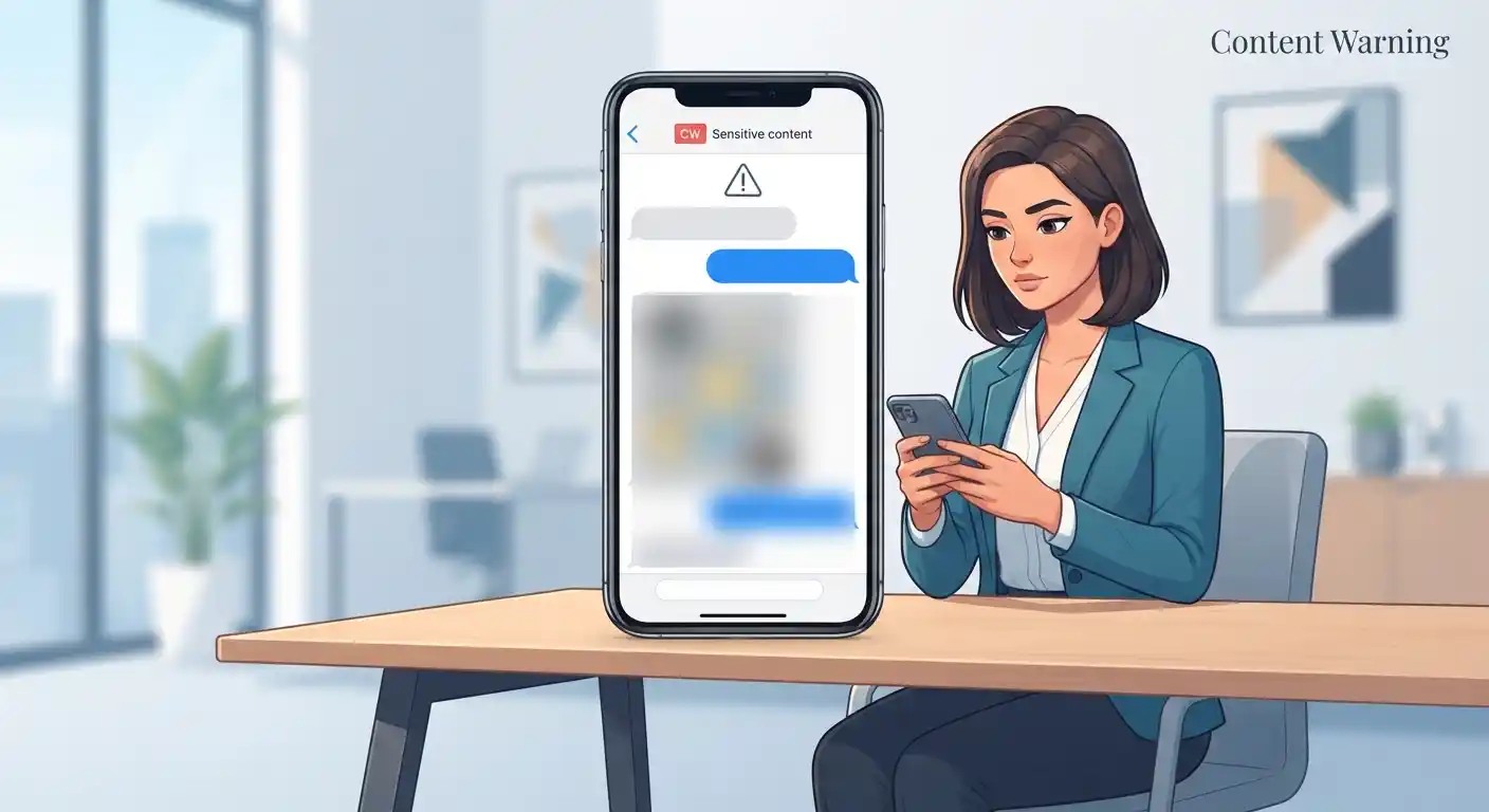 Adult reading a content warning on phone
