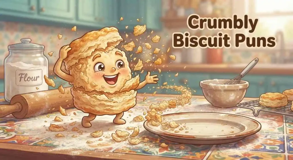 Crumbly biscuit character scattering crumbs