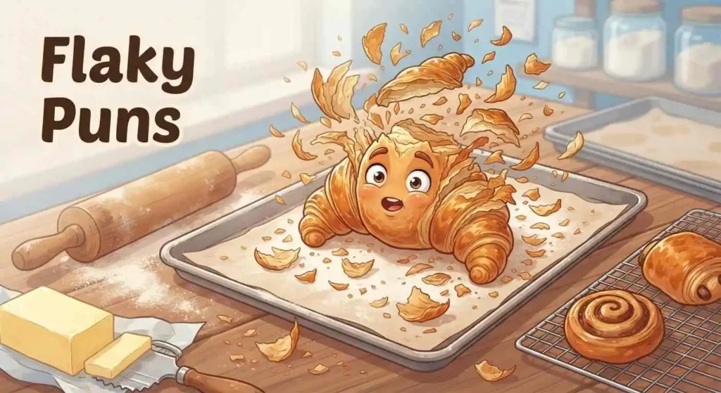 Flaky croissant making pastry jokes