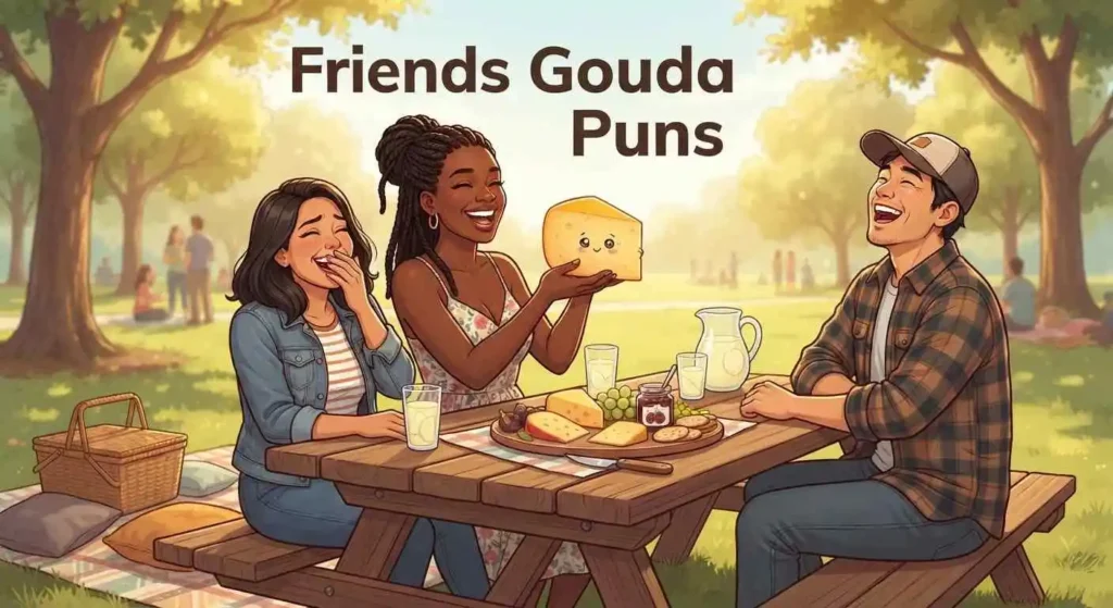 Friends sharing Gouda cheese