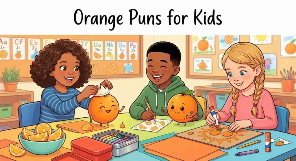 Kids enjoying orange pun humor