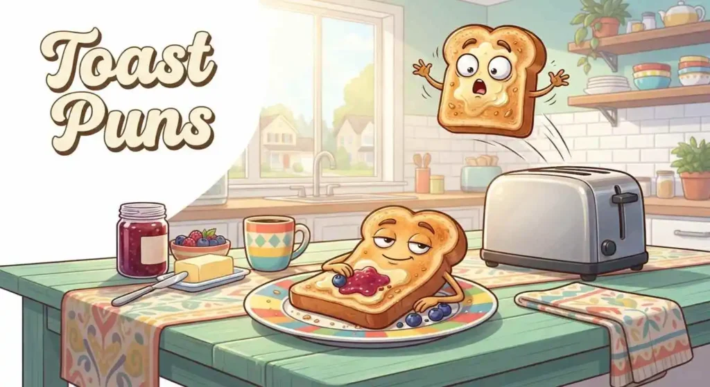 Funny toast character at breakfast