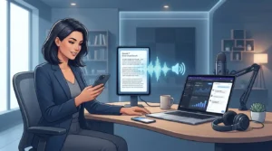 Adult using text-to-speech technology to turn written text into spoken audio