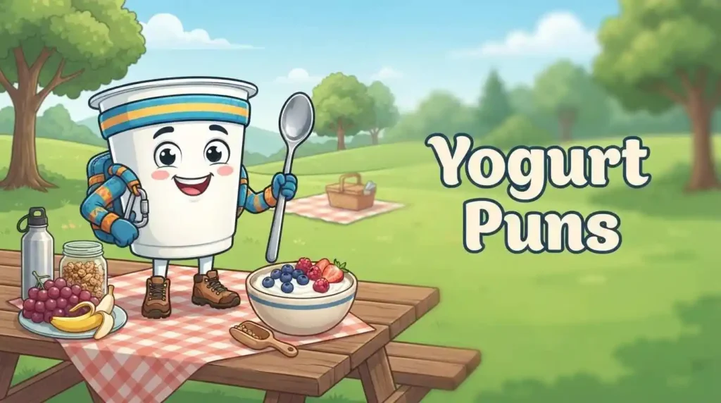 Funny yogurt character breakfast scene